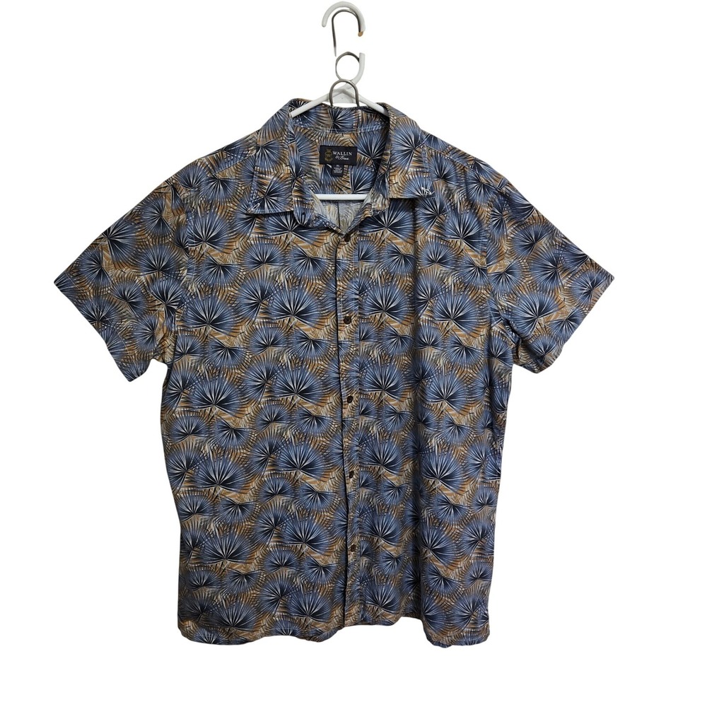 Wallin & Bros Mens XL Blue Tan Palm Frond Tropical Cotton Short Sleeve Button